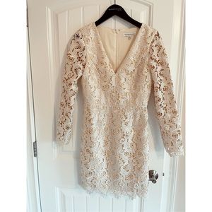 Cream v neck long sleeve lace dress